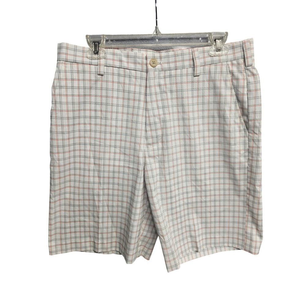 IZOD PerformX Golf Shorts Mens 32 White Grey Orange Plaid Performance Flat Front